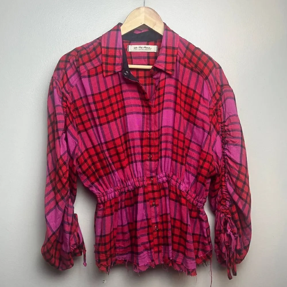 Free People Pacific Dawn Plaid Shirt Hot Pink Red Plaid Snap Button Down Sz. XS